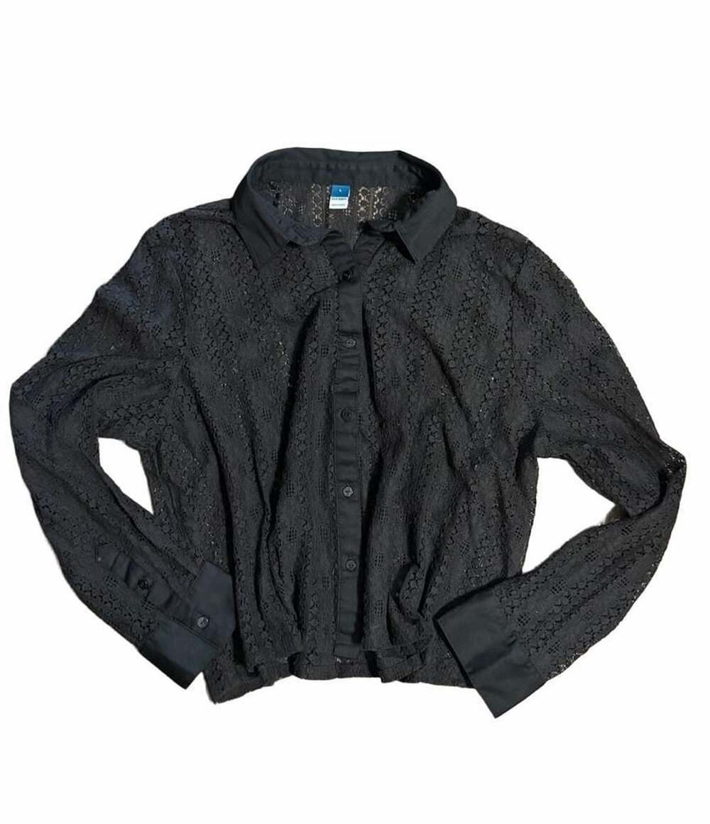 Preppy Old Navy Lace Button Up Shirt Size L Black Long Sleeve Blouse